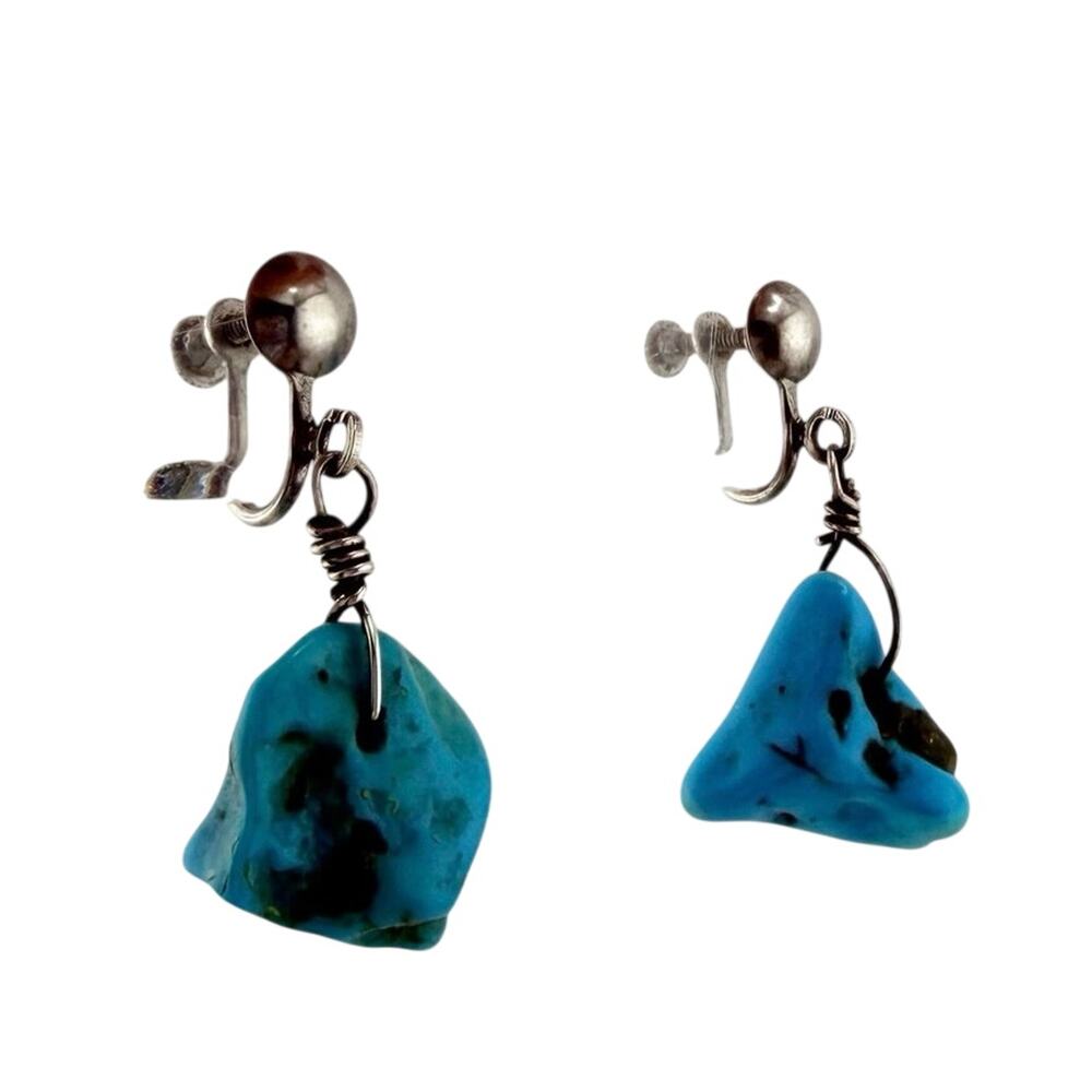 Vintage Turquoise 925 Sterling Silver Natural Nuggets Screw Back 1.5" Earrings